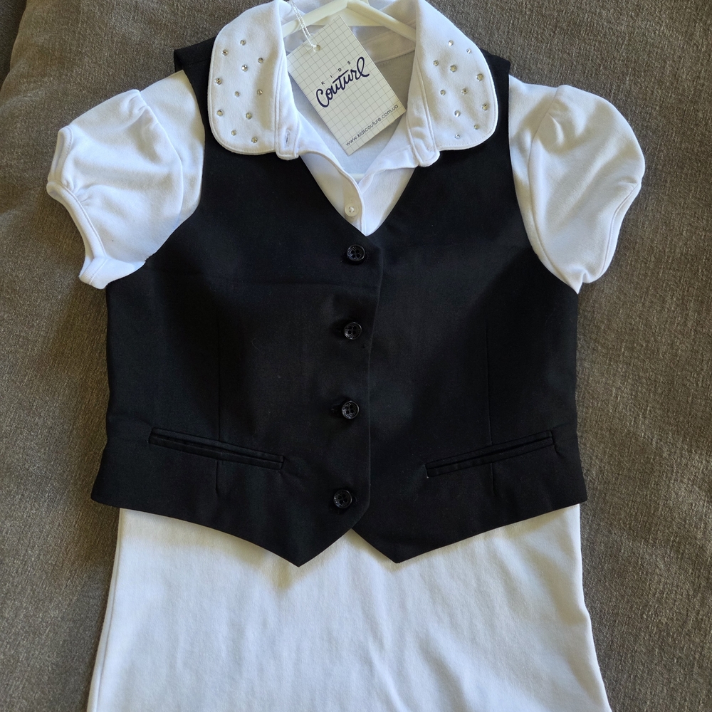 Girls Size 10 Black and White Button Down Vest With Polo Shirt 2pcs Nwt - Picture 3 of 3